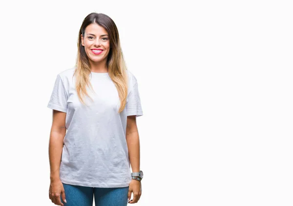 Joven Hermosa Mujer Casual Camiseta Blanca Sobre Fondo Aislado Con — Foto de Stock