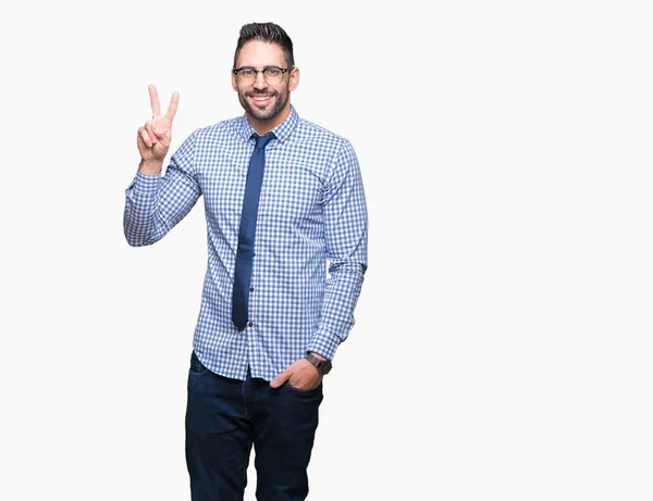 Joven Hombre Negocios Con Gafas Sobre Fondo Aislado Mostrando Apuntando — Foto de Stock