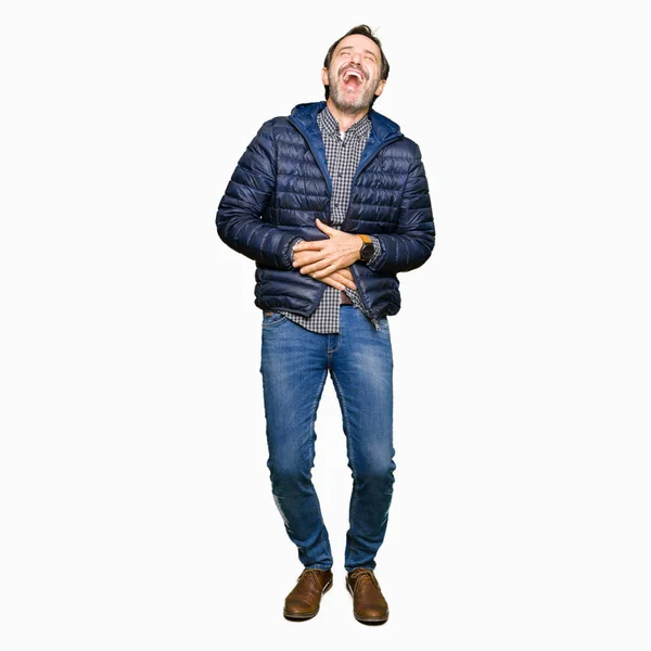 Pohledný Muž Středního Věku Nosit Zimní Kabát Úsměvem Smíchy Těžké — Stock fotografie
