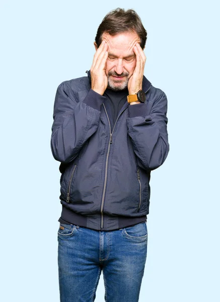 Middle Age Handsome Man Wearing Jacket Hand Head Pain Head — Stock Photo, Image
