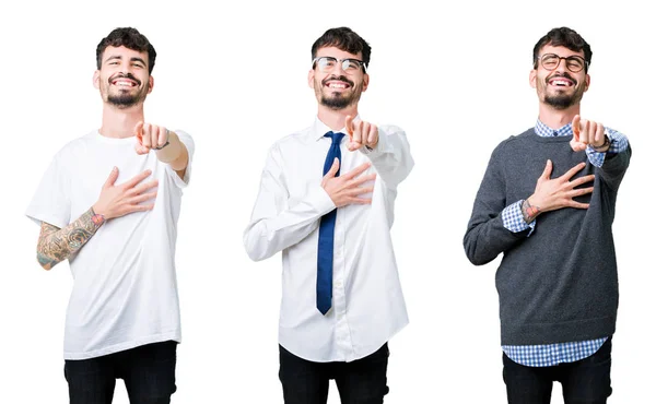 Колаж Молодої Людини Над Ізольованим Тлом Сміється Вказуючи Камеру Пальцем — стокове фото