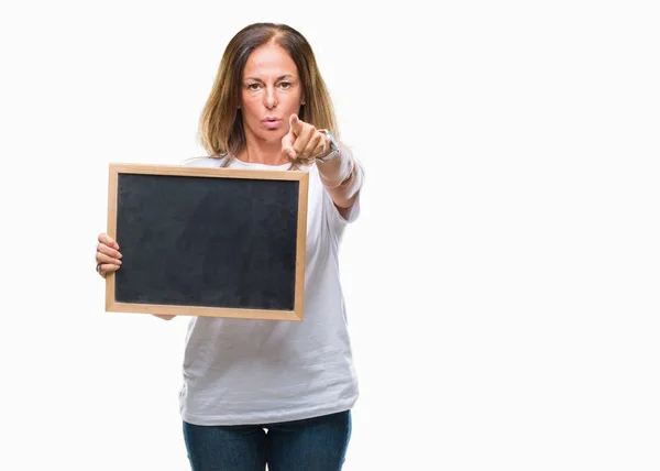 Middle Age Hispanic Woman Holding Blackboard Isolated Background Pointing Finger — Stock Photo, Image