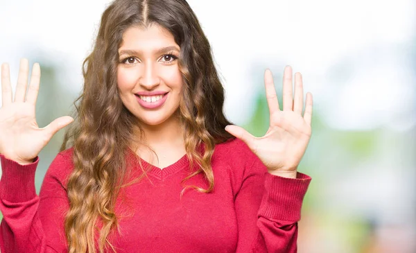 Joven Hermosa Mujer Con Suéter Rojo Mostrando Señalando Hacia Arriba — Foto de Stock