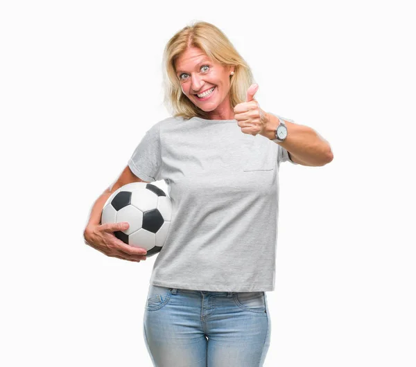 Middle Age Blonde Woman Holding Soccer Football Ball Isolated Background — Stock Photo, Image