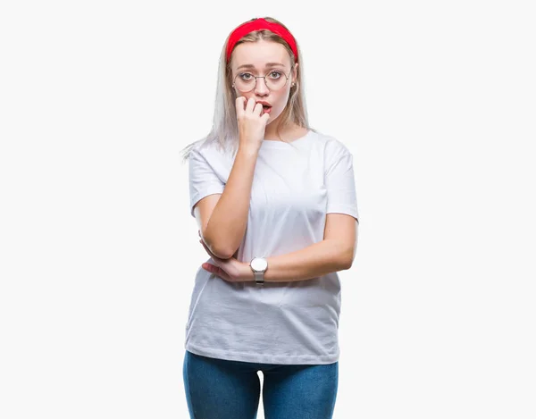 Mladá Blond Žena Nosí Brýle Izolované Pozadí Pohledu Stresovaní Nervózní — Stock fotografie