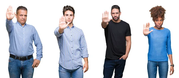 Kolaż Grupą Młodych Ludzi Średnim Wieku Robi Stop Śpiewać Dłoni — Zdjęcie stockowe