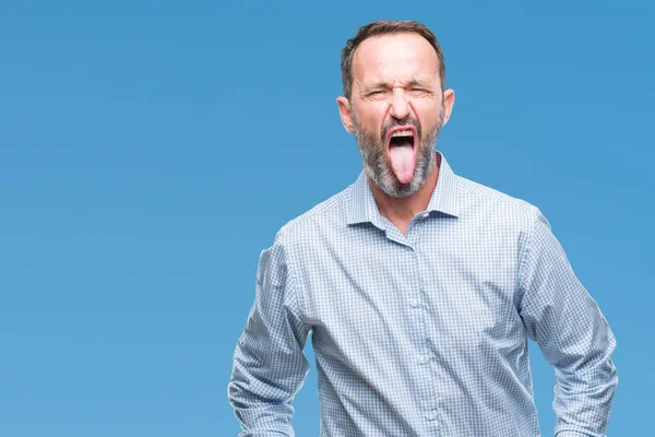 Middle Age Hoary Senior Business Man Isolated Background Sticking Tongue — Stock Photo, Image
