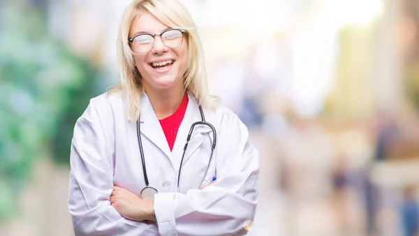 Jeune Belle Femme Blonde Médecin Portant Uniforme Médical Sur Fond — Photo