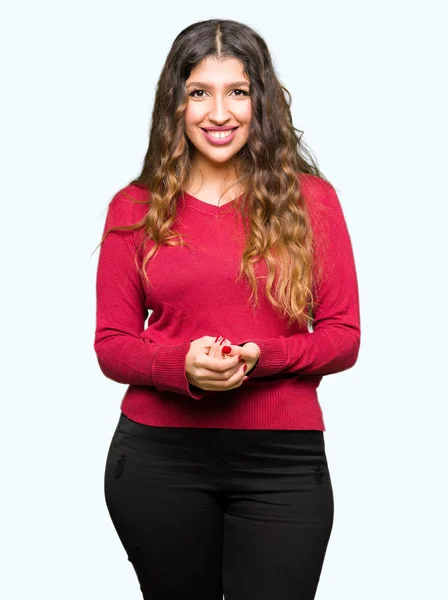 Jovem Mulher Bonita Vestindo Camisola Vermelha Mãos Juntas Dedos Cruzados — Fotografia de Stock