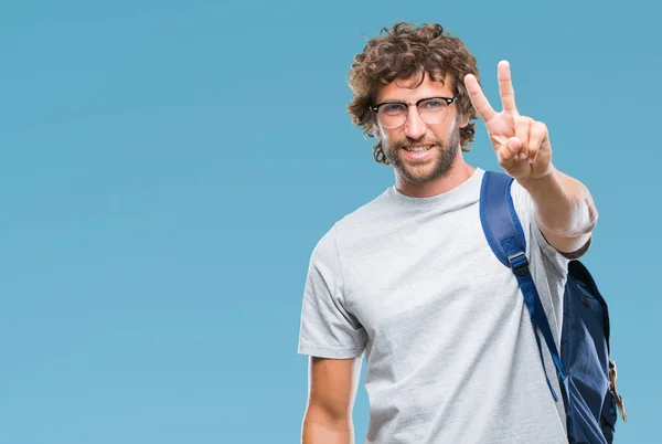 Handsome Hispanic Student Man Wearing Backpack Glasses Isolated Background Smiling — Stock Photo, Image