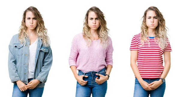 Collage Ung Vacker Blond Tjej Över Isolerade Bakgrund Pustande Kinder — Stockfoto