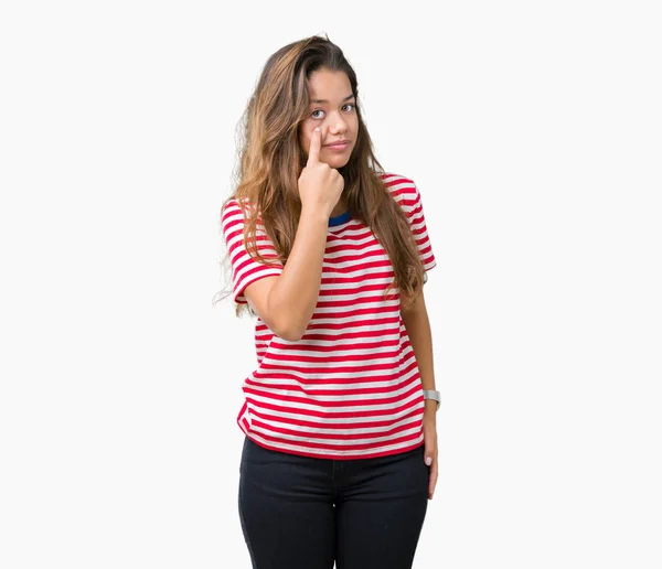Young Beautiful Brunette Woman Wearing Stripes Shirt Isolated Background Pointing — Stock Photo, Image
