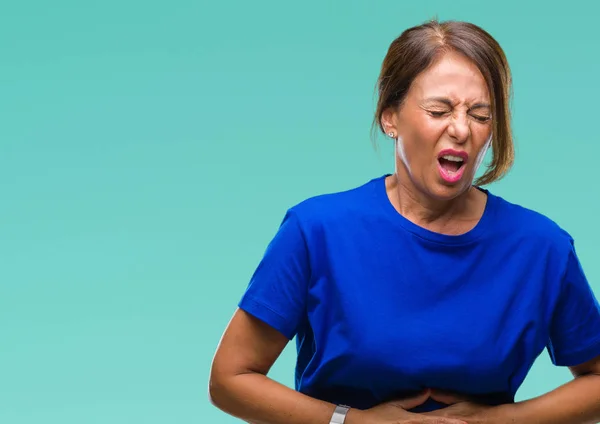 Middelbare Leeftijd Senior Latino Vrouw Geïsoleerd Achtergrond Met Hand Maag — Stockfoto