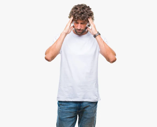 Handsome Hispanic Model Man Isolated Background Hand Head Pain Head — Stock Photo, Image