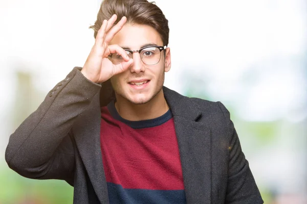 Ung Snygg Elegant Man Glasögon Över Isolerade Bakgrund Gör Gest — Stockfoto