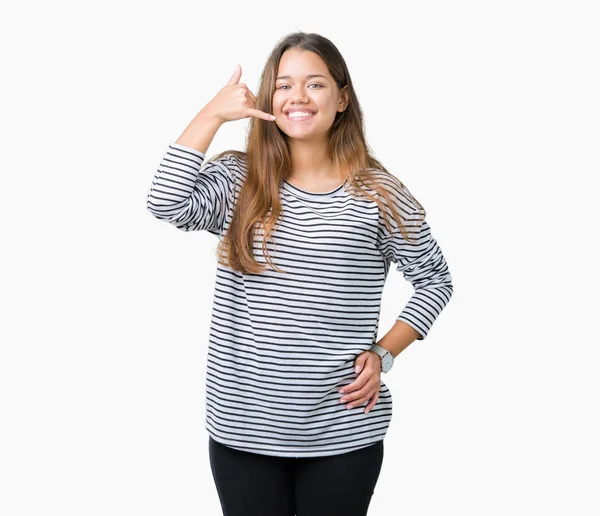 Young Beautiful Brunette Woman Wearing Stripes Sweater Isolated Background Smiling — Stock Photo, Image