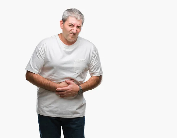 Hombre Mayor Guapo Sobre Fondo Aislado Con Mano Estómago Porque —  Fotos de Stock