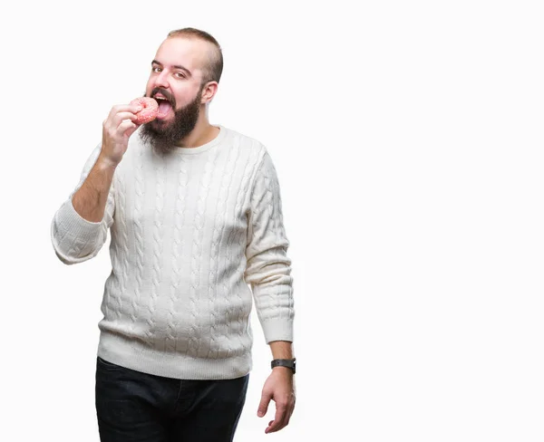 Man Van Jonge Kaukasische Hipster Zoete Donut Eten Geïsoleerde Achtergrond — Stockfoto