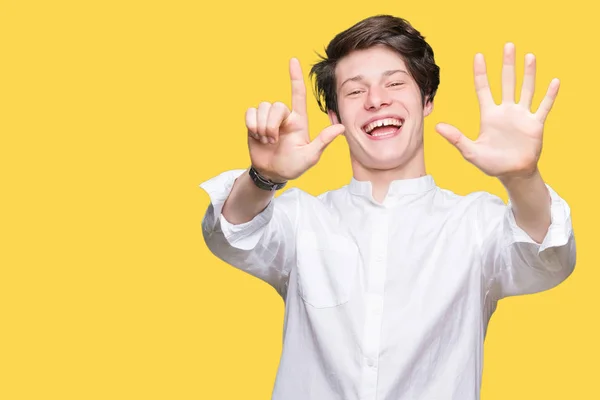 Joven Hombre Negocios Guapo Sobre Fondo Aislado Mostrando Señalando Con —  Fotos de Stock