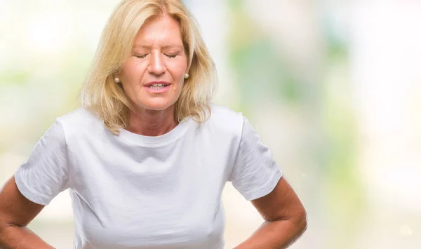 Middle Age Blonde Woman Isolated Background Hand Stomach Because Indigestion — Stock Photo, Image