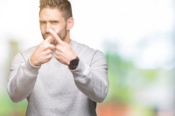 Jonge Knappe Man Dragen Sweatshirt Geïsoleerde Achtergrond Afwijzing Expressie Kruising — Stockfoto