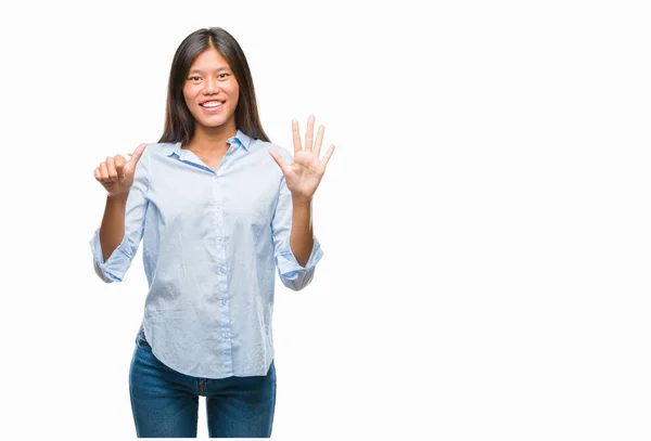 Jonge Aziatische Zakenvrouw Geïsoleerde Achtergrond Weergeven Met Vingers Omhoog Nummer — Stockfoto