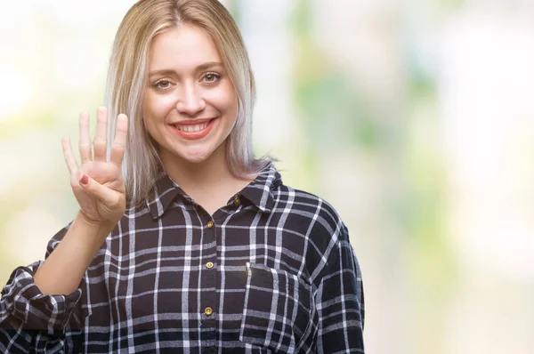 Young Blonde Woman Isolated Background Showing Pointing Fingers Number Four — Stock Photo, Image