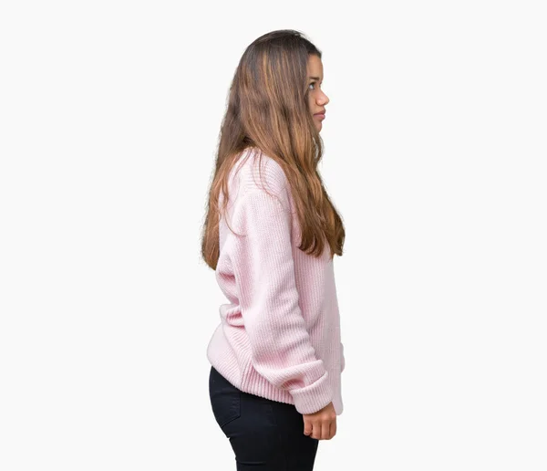 Jonge Mooie Brunette Vrouw Roze Winter Trui Dragen Geïsoleerde Achtergrond — Stockfoto