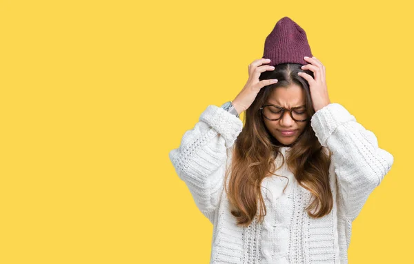 Junge Schöne Brünette Hipster Frau Mit Brille Und Wintermütze Über — Stockfoto