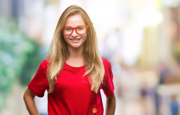 Jovem Mulher Loira Bonita Usando Óculos Sobre Fundo Isolado Com — Fotografia de Stock