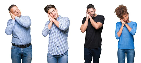 Colagem Grupo Jovens Meia Idade Pessoas Dormindo Cansado Sonhando Posando — Fotografia de Stock