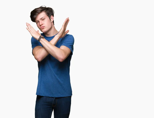 Ung Vacker Man Iklädd Blå Shirt Över Isolerade Bakgrund Avvisande — Stockfoto