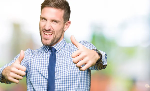 Handsome business man wearing tie approving doing positive gesture with hand, thumbs up smiling and happy for success. Looking at the camera, winner gesture.