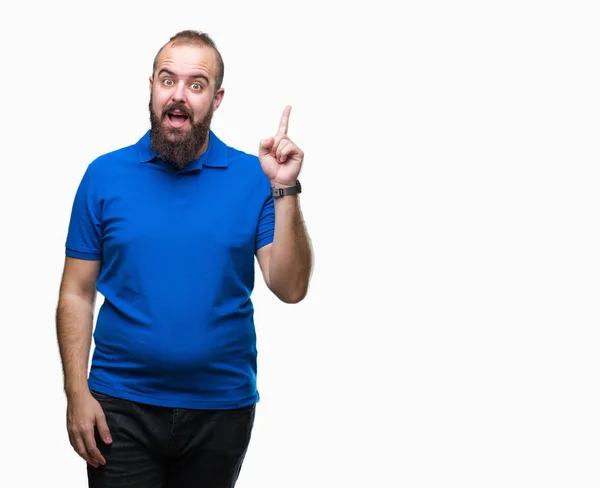 Joven Hombre Hipster Caucásico Con Camisa Azul Sobre Fondo Aislado — Foto de Stock