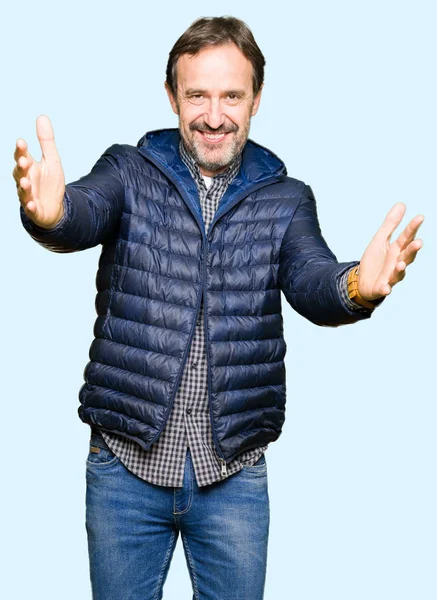Middle Age Handsome Man Wearing Winter Coat Looking Camera Smiling — Stock Photo, Image