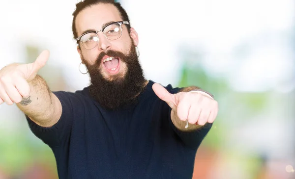 Young Hipster Man Long Hair Beard Wearing Glasses Approving Doing — Stock Photo, Image