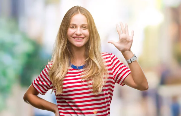 Genç Güzel Sarışın Kadın Gösterilen Parmakları Ile Işaret Izole Arka — Stok fotoğraf
