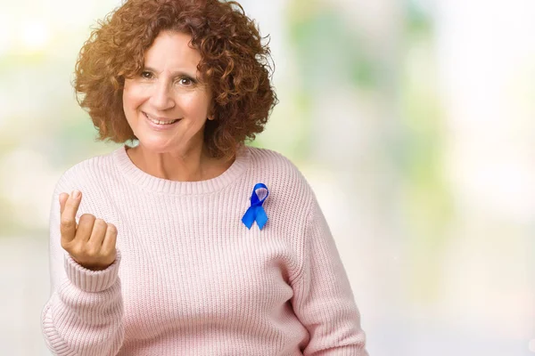 Middle Ager Senior Woman Wearing Changeable Blue Color Ribbon Awareness — Stock Photo, Image