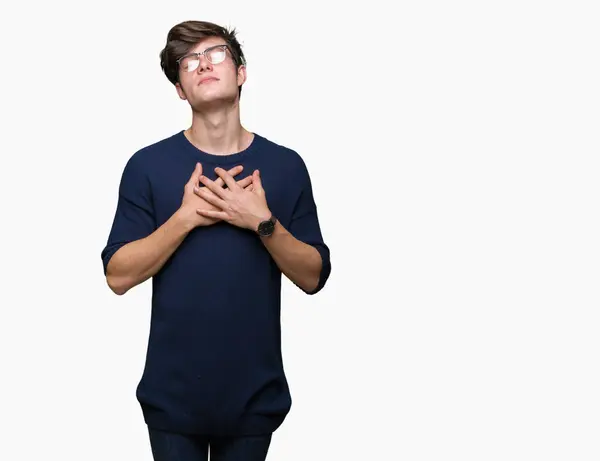 Young Handsome Man Wearing Glasses Isolated Background Smiling Hands Chest — Stock Photo, Image