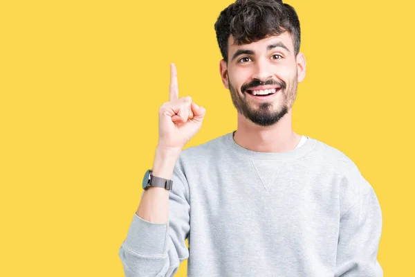 Genç Yakışıklı Adam Başarılı Fikirle Izole Arka Plan Işaret Parmağı — Stok fotoğraf