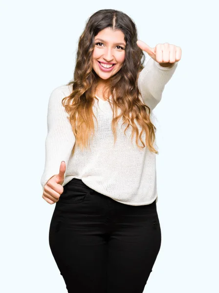 Young Beautiful Woman Wearing White Sweater Approving Doing Positive Gesture — Stock Photo, Image