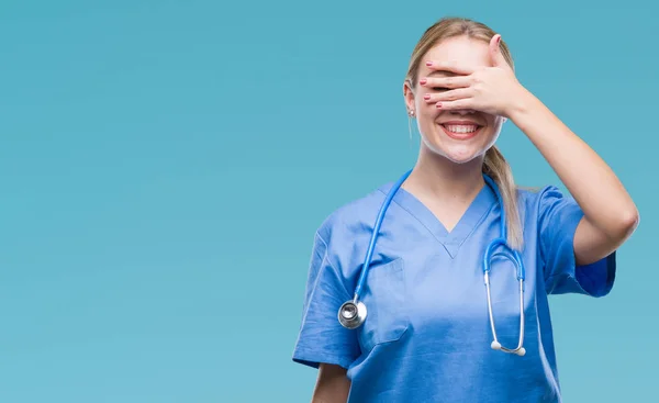 Young Blonde Surgeon Doctor Woman Isolated Background Smiling Laughing Hand — Stock Photo, Image