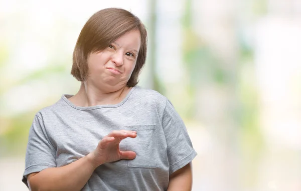 Mladé Dospělé Ženy Downovým Syndromem Izolované Pozadí Znechucený Výraz Nespokojený — Stock fotografie