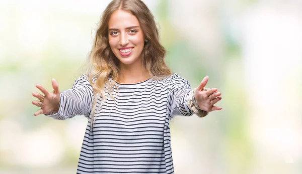 Beautiful Young Blonde Woman Wearing Stripes Sweater Isolated Background Looking — Stock Photo, Image