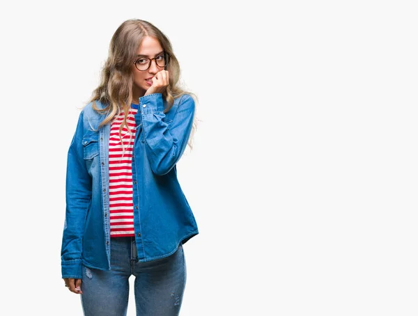 Beautiful Young Blonde Woman Wearing Glasses Isolated Background Looking Stressed — Stock Photo, Image
