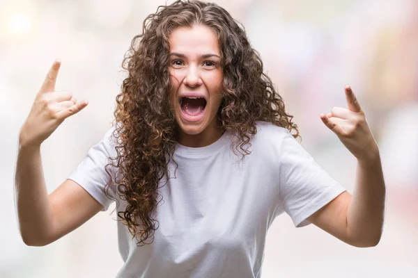 Mooie Brunette Krullend Haar Jong Meisje Dragen Casual Shirt Geïsoleerde — Stockfoto