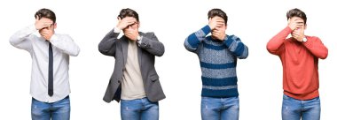 Genç yakışıklı iş kolaj izole arka plan kaplaması gözlerinin önüne dostum ve şaşırttı ve şok ellerle ağız. Duygu gizleme