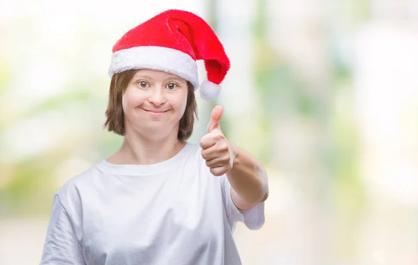 Mujer Adulta Joven Con Síndrome Con Sombrero Navidad Sobre Fondo —  Fotos de Stock