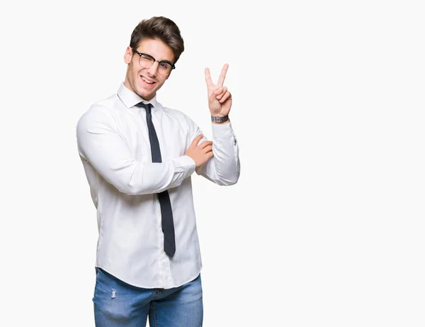 Jovem Homem Negócios Usando Óculos Sobre Fundo Isolado Sorrindo Com — Fotografia de Stock