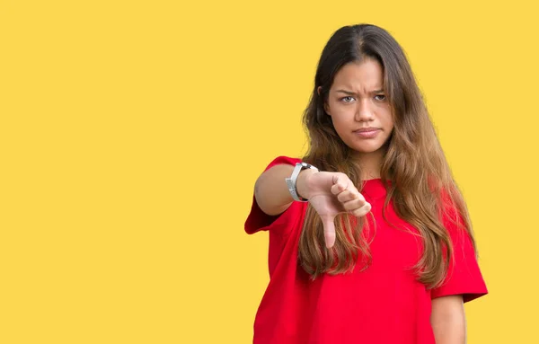 Junge Schöne Brünette Frau Die Rotes Shirt Über Isoliertem Hintergrund — Stockfoto